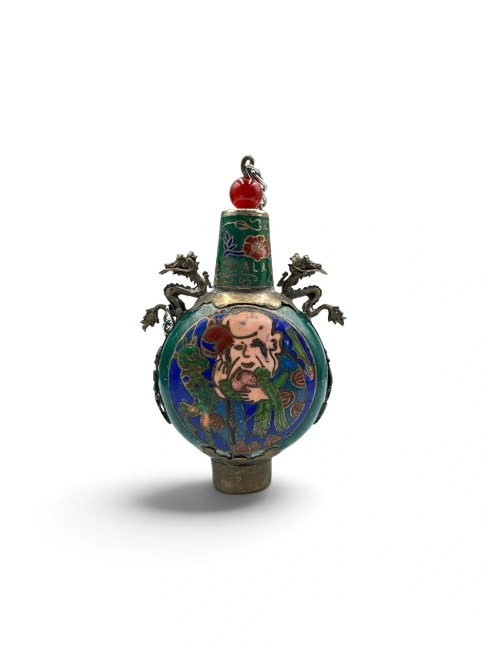Vintage Malaysia Cloisonné Snuff Bottle Double Dragon Figural 4”